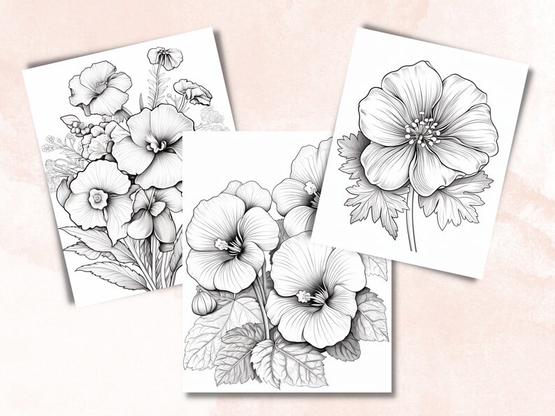 45 Violet Flowers Coloring Book, Printable PDF, Botanical Floral Plant Coloring Pages, Fantasy Grayscale Coloring Book for Adults and Kids
