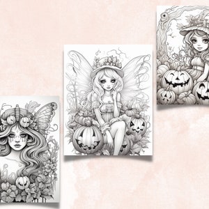 May include: Three black and white illustrations of fairies with wings and pumpkin accents. The fairies are wearing hats and dresses. The illustrations are perfect for coloring.