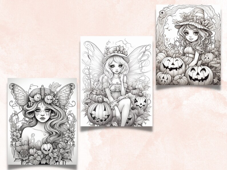 May include: Three black and white illustrations of fairies with wings and pumpkin accents. The fairies are wearing hats and dresses. The illustrations are perfect for coloring.