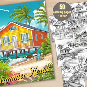 50 Summer Houses Coloring Book, Printable Beach Dream House Coloring Pages, Grayscale Coloring Book for Adults Kids, Dark Light Version PDF