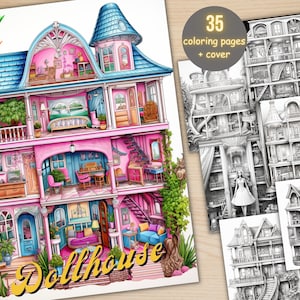 35 Dollhouses Coloring Book, Printable Fantasy Dream House Coloring Pages, Grayscale Coloring Book for Adults and Kids, Dark & Light Version