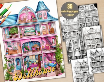 35 Dollhouses Coloring Book, Printable Fantasy Dream House Coloring Pages, Grayscale Coloring Book for Adults and Kids, Dark & Light Version