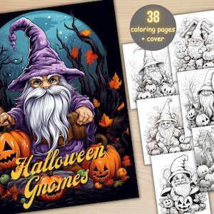 Może przedstawiać: Książka do kolorowania przedstawiająca fioletowego i białego gnoma z długą białą brodą trzymającego wydrążoną dynię. Gnom nosi fioletowy kapelusz i szatę. Okładka książki zawiera tekst "Halloween Gnomes".