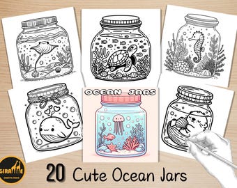 Libro para colorear fácil y atrevido, lindas páginas para colorear de frascos oceánicos, escenas submarinas kawaii para colorear, actividad relajante para adultos y niños