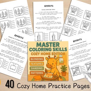 Peut inclure: Un ensemble de pages à colorier et un livre intitulé "Master Coloring Skills Cozy Home Edition" avec une illustration de girafe. Les pages présentent des dessins au trait de bougies, de plantes et d'autres objets liés à la maison, avec des instructions.
