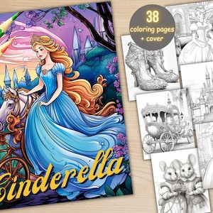 38 Cinderella Coloring Book, Printable Fairytale Princess Castle Coloring Pages, Grayscale Coloring Book for Adults and Kids, Cinderella PDF