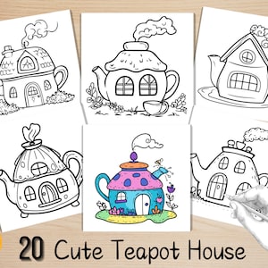 Op de afbeelding: Vijf zwart-witte lijntekeningen van theepot huizen. Elk theepot huis heeft een ander ontwerp en kenmerken. De theepot huizen staan op een witte achtergrond.