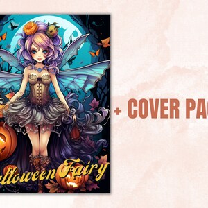 May include: A Halloween fairy with blue wings and a purple dress holds a jack-o'-lantern. The fairy has a crown of orange flowers and a blue gemstone necklace. The background is a dark forest with a full moon.