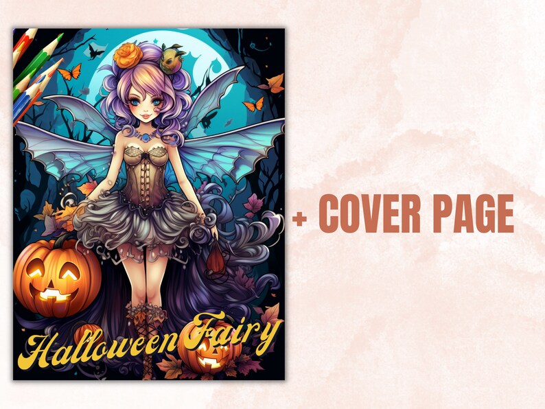 May include: A Halloween fairy with blue wings and a purple dress holds a jack-o'-lantern. The fairy has a crown of orange flowers and a blue gemstone necklace. The background is a dark forest with a full moon.