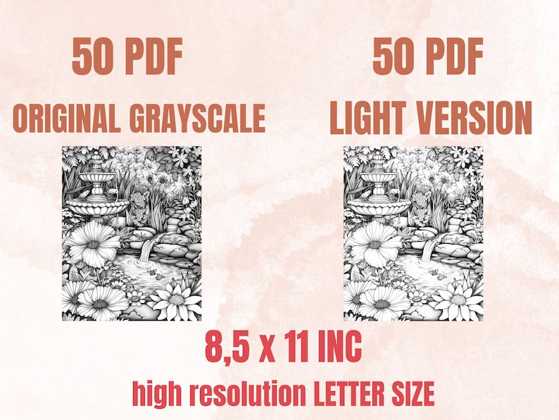 50 Spring Garden Coloring Book, Printable Floral Fairy Garden Coloring Pages, Grayscale Spring Flowers Forest Coloring Book for Adults Kids