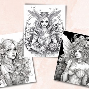 May include: Three black and white illustrations of fairies with intricate details. The first fairy has a skull and flowers in her hair. The second fairy has flowers and leaves in her hair. The third fairy has pumpkins and leaves in her hair.