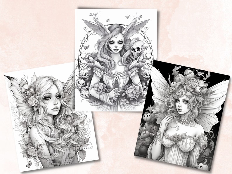 May include: Three black and white illustrations of fairies with intricate details. The first fairy has a skull and flowers in her hair. The second fairy has flowers and leaves in her hair. The third fairy has pumpkins and leaves in her hair.