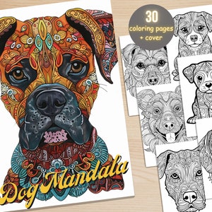 30 Dog Mandala Coloring Book, Printable Stress Relief Patterns Coloring Pages, Mandala Animals Coloring Book for Adult and Kids