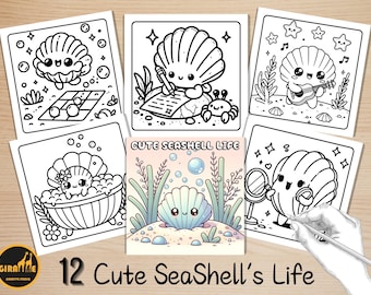Libro para colorear fácil y atrevido, páginas para colorear de conchas marinas, escenas submarinas adorables y divertidas, animales marinos de verano para colorear, alivio del estrés para niños