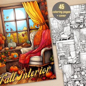 45 Cozy Fall Interior Coloring Book, Printable Boho Fall Pumpkin Design Coloring Pages, Grayscale Autumn Scenes Coloring Book for Adults