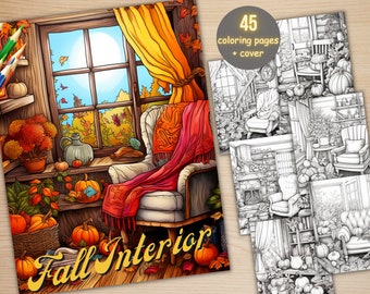 45 Cozy Fall Interior Coloring Book, Printable Boho Fall Pumpkin Design Coloring Pages, Grayscale Autumn Scenes Coloring Book for Adults