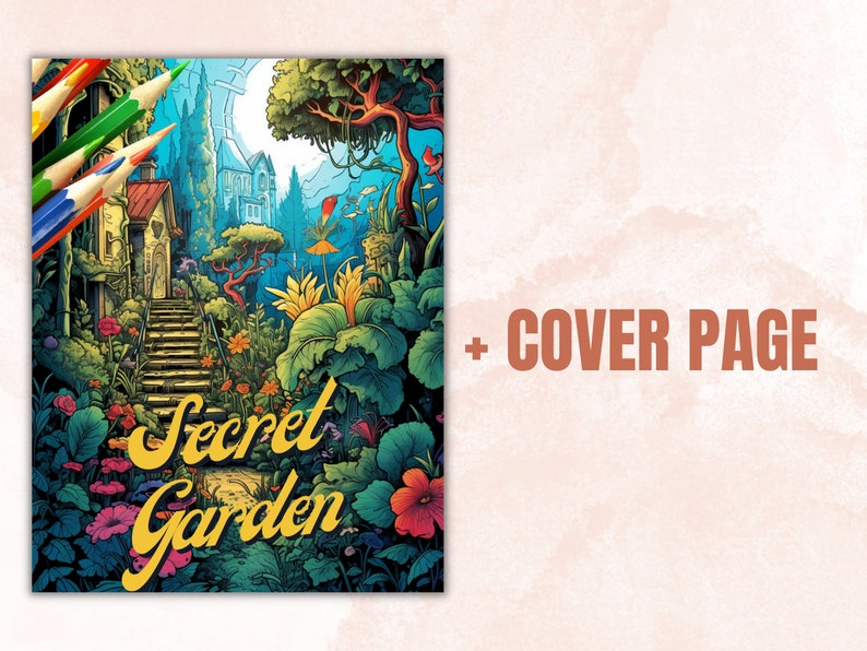May include: A colourful illustration of a secret garden with a stone path leading up to a house. The text "Secret Garden" is written in a whimsical font.