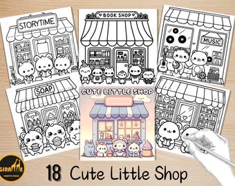 Bold and Easy Coloring Book, Cute Little Shop Coloring Pages, Kawaii Town Storefronts Coloring, Relaxing Activity for Adults, Stress Relief