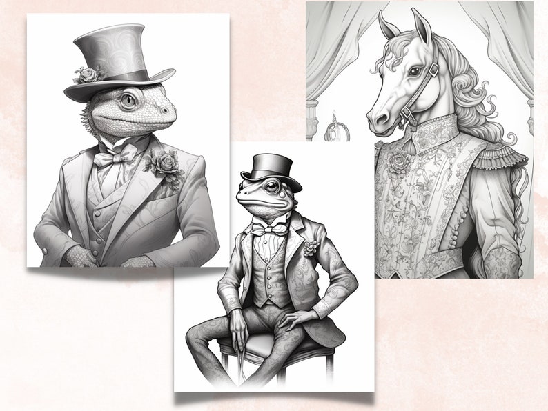 65 Victorian Animals Coloring Book, Printable Fairytale Animal Coloring Pages, Grayscale Cute Victorian Coloring Book for Adults and Kids