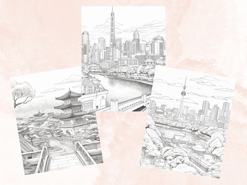 40 Seoul City Coloring Book, Printable PDF, Korean Cafe Scenes Coloring Pages, Street Landscape Grayscale Coloring Book for Adults and Kids