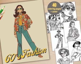 Peut inclure: Un livre de coloriage avec 40 pages et une couverture illustrant des femmes à la mode des années 1960. La couverture présente une femme portant une veste à motifs, un jean bleu et des lunettes de soleil. Le texte "60's Fashion" est écrit en jaune sur la couverture.