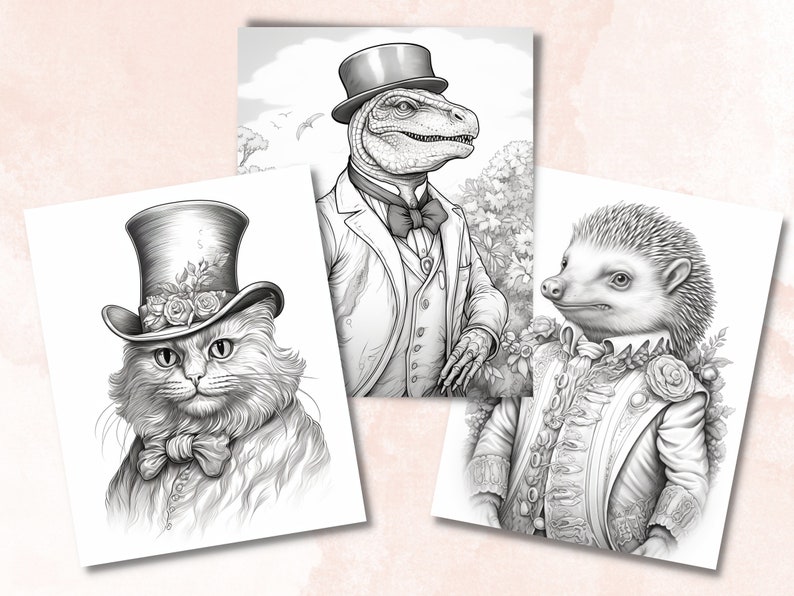 65 Victorian Animals Coloring Book, Printable Fairytale Animal Coloring Pages, Grayscale Cute Victorian Coloring Book for Adults and Kids