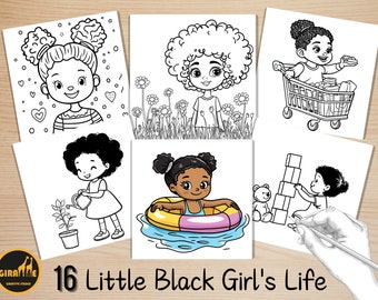 Bold and Easy Coloring Book, Little Black Girl Coloring Pages, Cute Kawaii Afro African Girl Coloring, Relaxing Activity for Adults and Kids