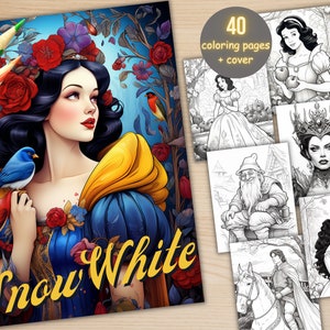 40 Snow White & Seven Dwarfs Coloring Book, Printable Fairytale Princess Castle Coloring Pages, Grayscale Coloring Book for Adults and Kids