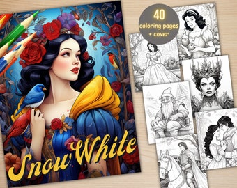 40 Snow White & Seven Dwarfs Coloring Book, Printable Fairytale Princess Castle Coloring Pages, Grayscale Coloring Book for Adults and Kids