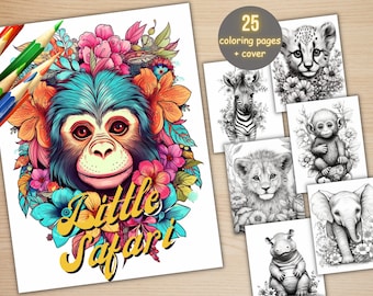25 Baby Safari Animals Coloring Book, Printable African Animal Coloring Pages, Grayscale Coloring Book for Adult Kids, Little Jungle Animals