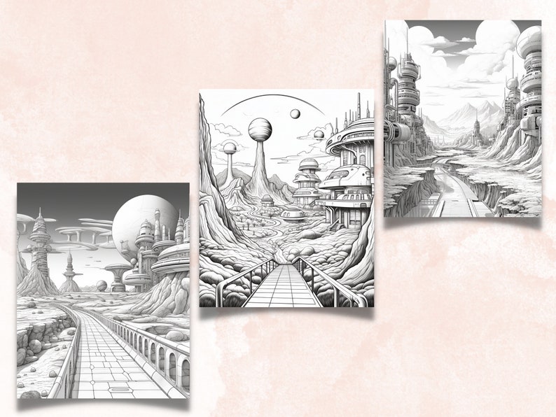 K&ouml;nnte beinhalten: Drei Schwarzwei&szlig;illustrationen futuristischer Stadtlandschaften mit Geb&auml;uden, Stra&szlig;en und einem gro&szlig;en Mond im Hintergrund.