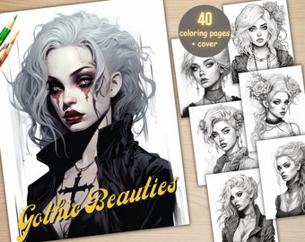 40 Gothic Beauties Coloring Book, Printable Goth Punk Woman Coloring Pages, Fantasy Grayscale Dark Girls Coloring Book for Adults and Kids