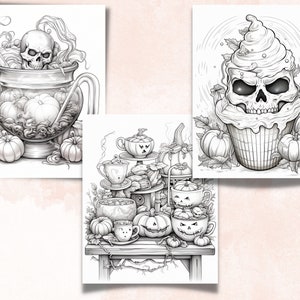 50 Halloween Treats Coloring Book, Printable Pumpkin Dessert and Drink Coloring Pages, Grayscale Halloween Sweets Coloring Book for Adults