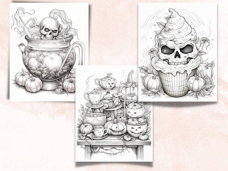 50 Halloween Treats Coloring Book, Printable Pumpkin Dessert and Drink Coloring Pages, Grayscale Halloween Sweets Coloring Book for Adults