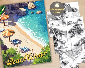 45 Beach Corner Coloring Book, Printable Cute Summer Holiday Coloring Pages, Grayscale Coloring Book for Adults, Relax and Stress Relief