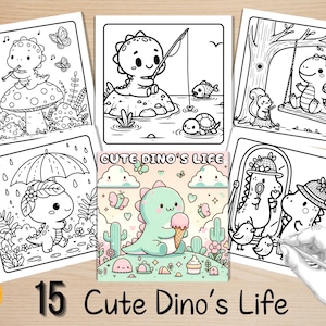 May include: A set of 15 coloring pages featuring cute dinosaurs in various activities, such as fishing, playing on a swing, and holding an umbrella. The pages are black and white and have a simple, cartoonish style. The title "Cute Dino's Life" is printed at the bottom of the pages.