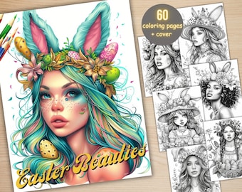 60 Easter Beauties Coloring Book, Printable Easter Woman Coloring Pages, Grayscale Spring Floral Girls Coloring Book for Adults and Kids