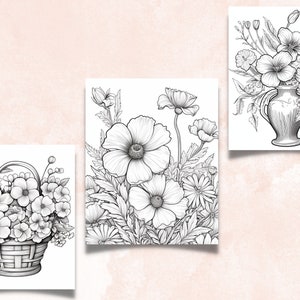 45 Violet Flowers Coloring Book, Printable PDF, Botanical Floral Plant Coloring Pages, Fantasy Grayscale Coloring Book for Adults and Kids