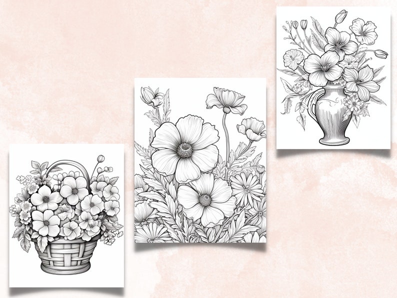 45 Violet Flowers Coloring Book, Printable PDF, Botanical Floral Plant Coloring Pages, Fantasy Grayscale Coloring Book for Adults and Kids