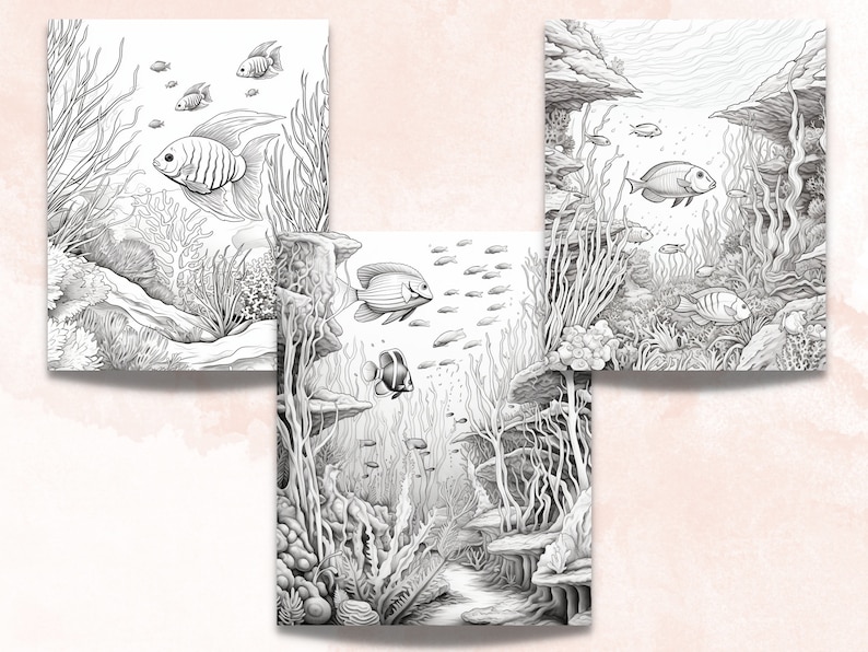 50 Enchanted Underwater Coloring Book, Printable Under the Sea Coloring Pages, Grayscale Ocean Life Scenes Coloring Book for Adults and Kids