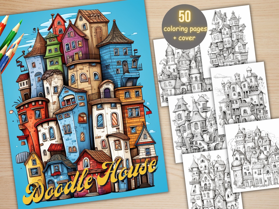 50 Doodle House Coloring Book, Printable Fantasy Quirky House Coloring ...