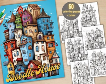 50 Doodle House Coloring Book, Printable Fantasy Quirky House Coloring Pages, Grayscale Coloring Book for Adults, Dark & Light Version PDF
