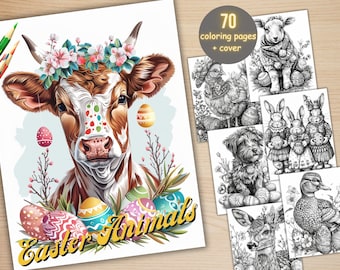 Puede incluir: Un libro para colorear con una vaca con una corona de flores y huevos de Pascua. La portada del libro dice "Easter Animals". El libro incluye 70 páginas para colorear.
