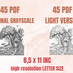 45 Forest Fairy Coloring Book, Printable Fairy Garden Scene Coloring Pages, Fairytale Castle Landscapes Grayscale Coloring Book for Adults