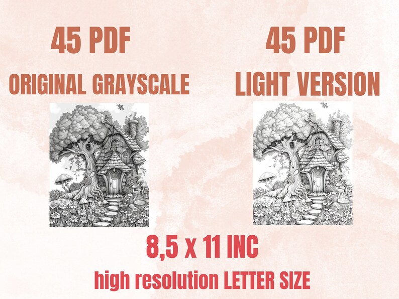 45 Forest Fairy Coloring Book, Printable Fairy Garden Scene Coloring Pages, Fairytale Castle Landscapes Grayscale Coloring Book for Adults