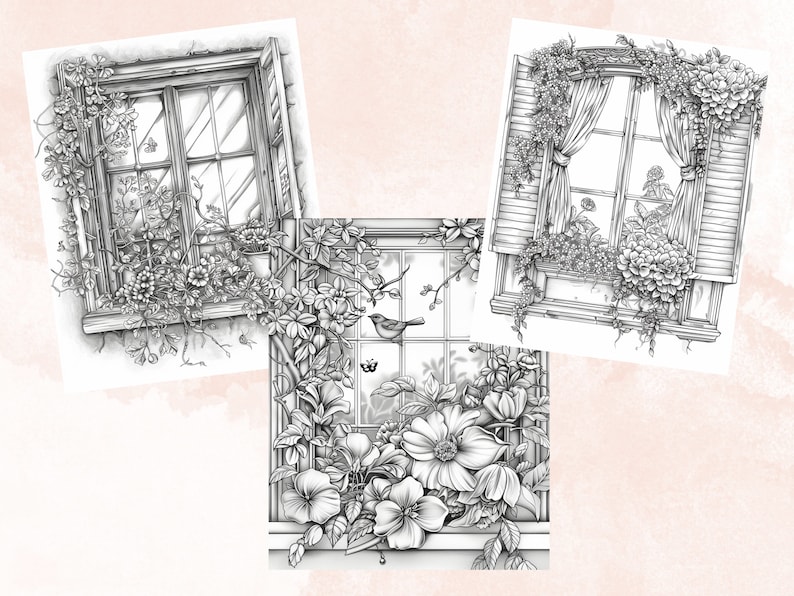 50 Spring Windows Coloring Book, Printable Floral Window Coloring Pages ...