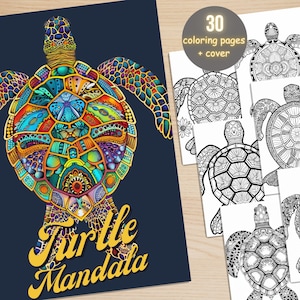 Könnte beinhalten: Ein Malbuch mit einem farbenfrohen Mandala-Design einer Schildkröte. Der Umschlag zeigt den Text "Turtle Mandala" in goldenen Buchstaben. Das Buch enthält 30 Malvorlagen und einen Umschlag.