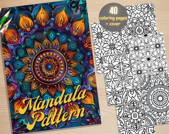 40 Mandala Pattern Coloring Book, Printable Stress Relief Coloring Pages, Simple Mandala Flowers Coloring Book for Adults, Easy Coloring