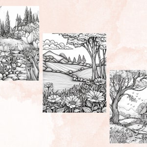 50 Spring Garden Coloring Book, Printable Floral Fairy Garden Coloring Pages, Grayscale Spring Flowers Forest Coloring Book for Adults Kids