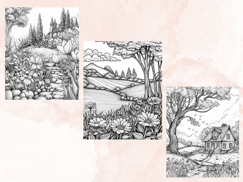 50 Spring Garden Coloring Book, Printable Floral Fairy Garden Coloring Pages, Grayscale Spring Flowers Forest Coloring Book for Adults Kids
